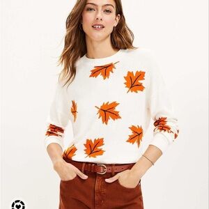 LOFT White Sweater with Orange Leaf Design
